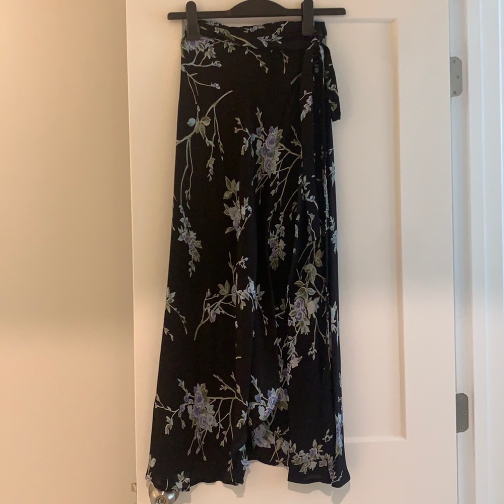 Reformation Black Floral Midi Wrap Skirt